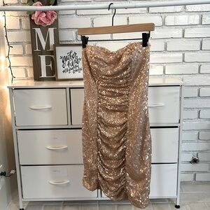 As U Wish Women’s Pink Rose Golden Square Sequin Strapless Mini Dress